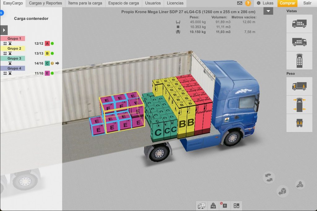 Se puede observar la planificación 3D de una carga con la aplicación de cubicaje.
