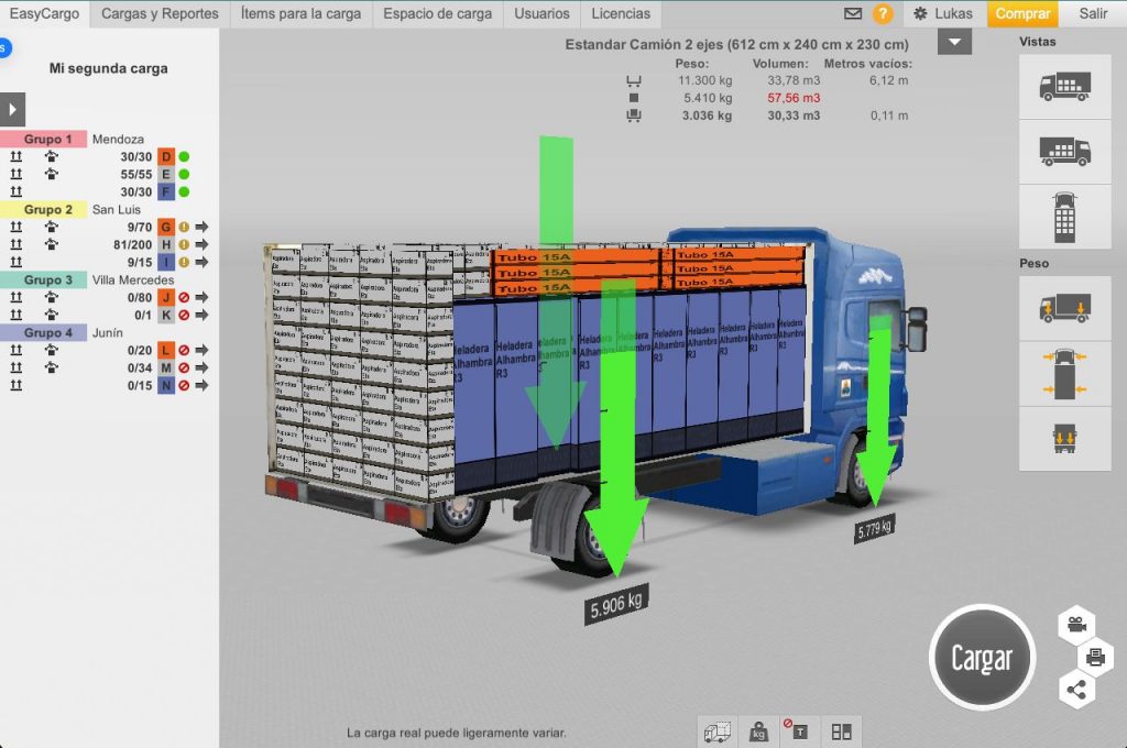 Planificador de carga con grupos prioritarios que optimizan la distribución de los artículos y visualización de peso en ejes en EasyCargo.