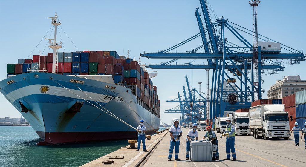  Puerto marítimo con un gran buque portacontenedores, grúas de carga, y trabajadores movilizando mercancías, ilustrando el comercio exterior de Argentina.