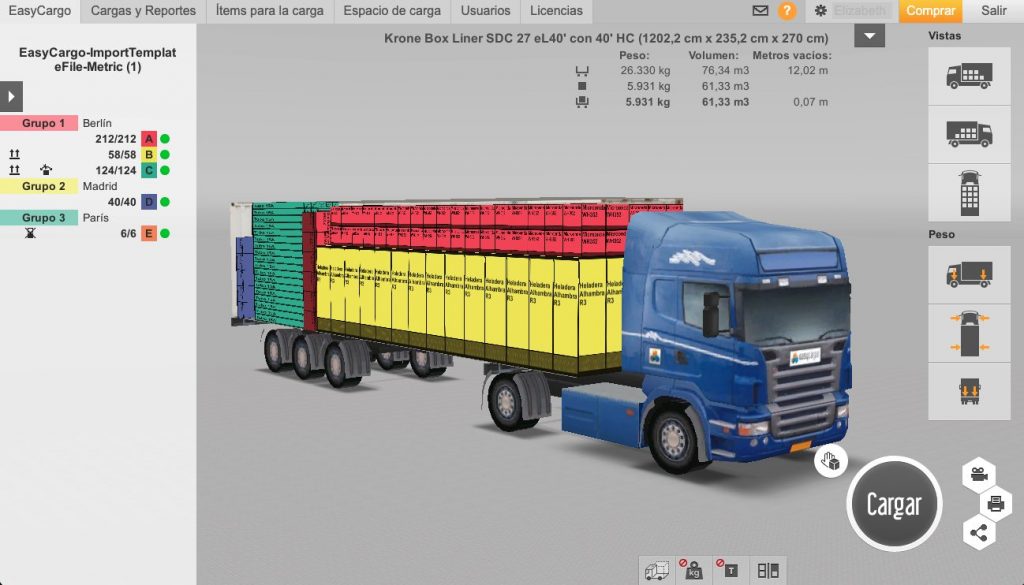 Vista de la interfaz 3D de EasyCargo mostrando el espacio de planificación de carga.