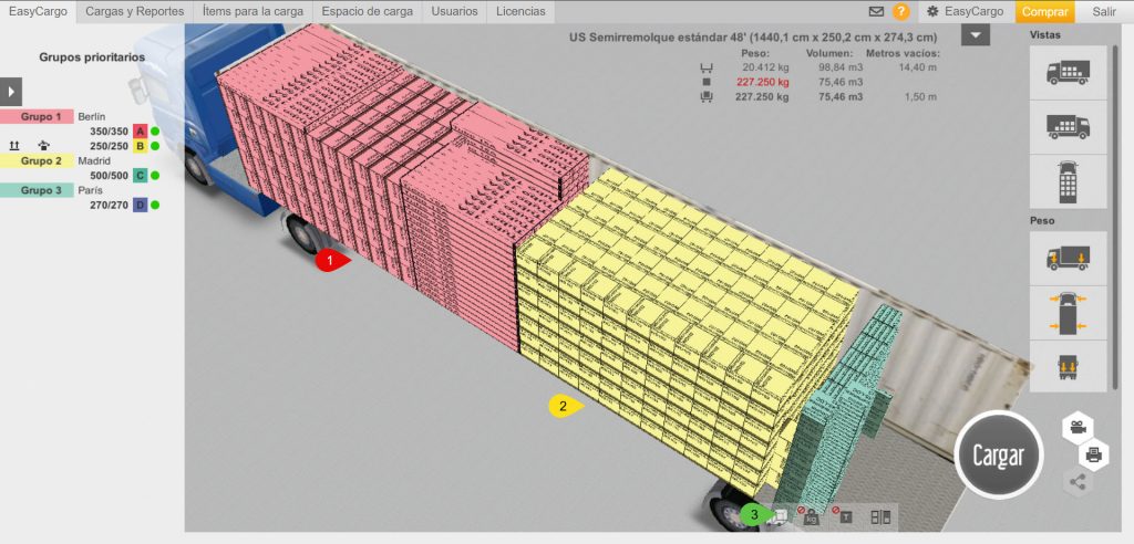  Interfaz de EasyCargo mostrando la organización de carga por grupos prioritarios, permitiendo dividir la mercancía por tipo de producto para un cubicaje eficiente.