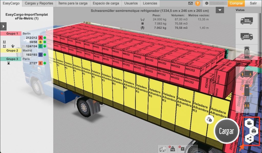 Interfaz de EasyCargo mostrando las opciones para generar y compartir reportes del plan de cubicaje de carga (enlace, PDF, Excel y paso a paso).