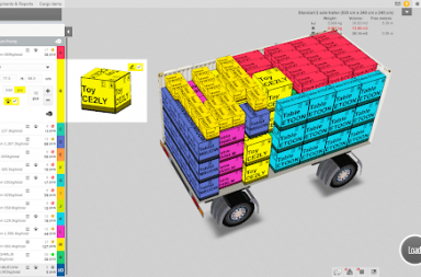 Vista de la interfaz del simulador 3D de carga EasyCargo, trailer con su carga optimizada