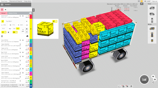 Vista de la interfaz del simulador 3D de carga EasyCargo, trailer con su carga optimizada