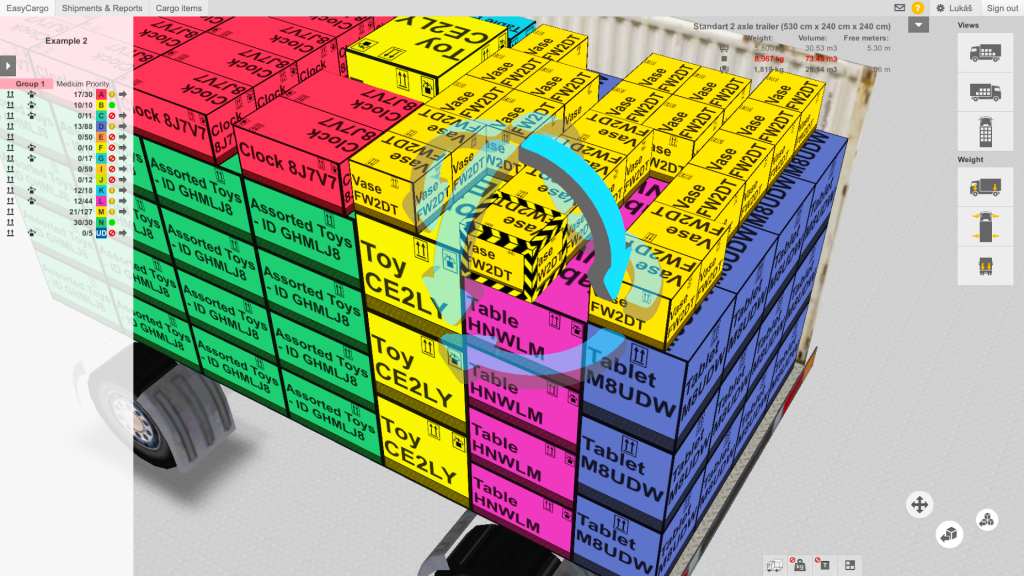 Vista 3D de EasyCargo con la función de carga manual activada