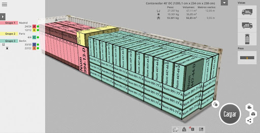 Vista de la interfaz 3D del planificador de transporte de carga, donde se puede ver la simulación del cubicaje de tres grupos distribuidos óptimamente según su prioridad, permitiendo la separación de la mercancía según sus necesidades