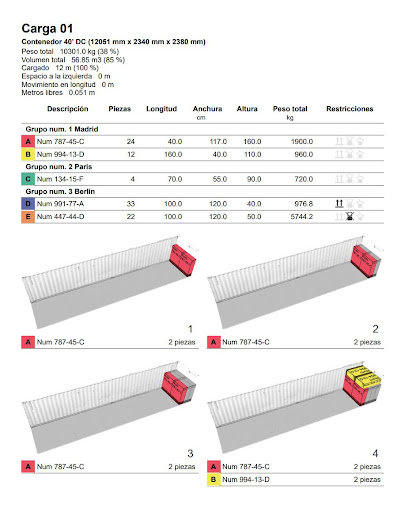 Vista del informe detallado paso a paso para un contenedor 40 DC, generado con el software de optimización de transporte de carga EasyCargo.
