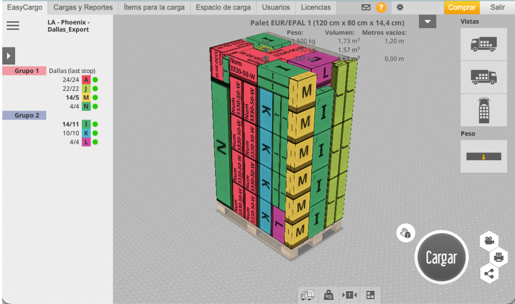 Vista general en 3D de un pallet europeo con una carga mixta compacta generada automáticamente por el software EasyCargo. Se muestran cajas de diferentes tamaños y colores perfectamente estibadas, junto con un panel de datos de peso, volumen y el botón principal de «Cargar»