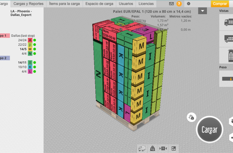 Vista general en 3D de un pallet europeo con una carga mixta compacta generada automáticamente por el software EasyCargo. Se muestran cajas de diferentes tamaños y colores perfectamente estibadas, junto con un panel de datos de peso, volumen y el botón principal de «Cargar»
