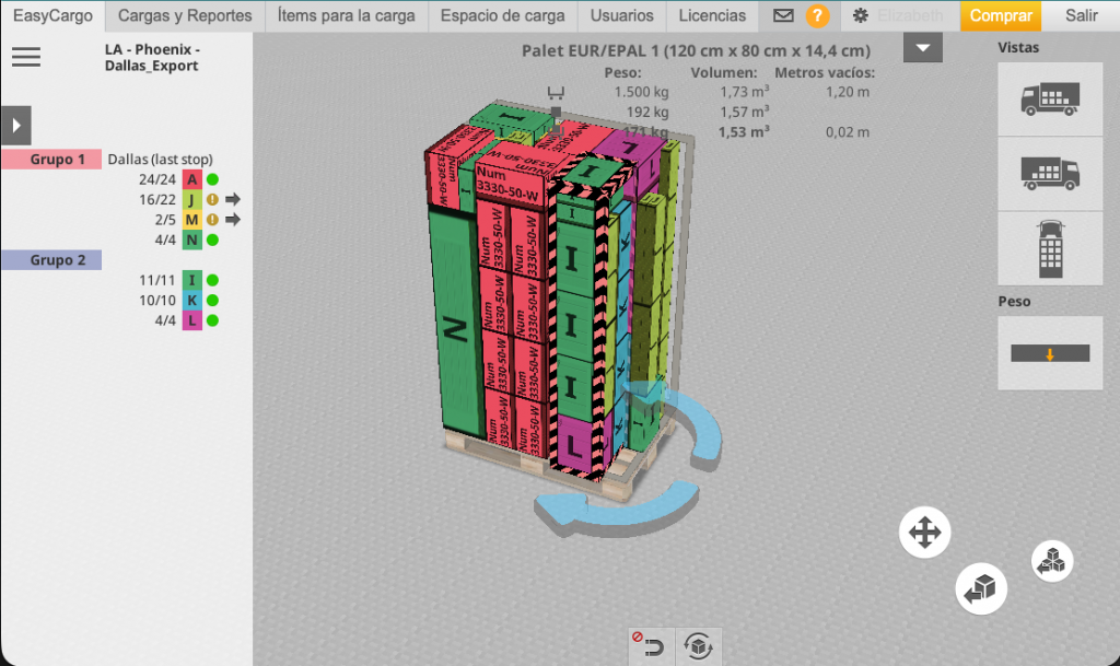 Captura de pantalla de EasyCargo que muestra una simulación en 3D donde una columna de cajas seleccionada aparece resaltada con un contorno texturizado en negro y rojo, indicando una alerta de colisión o movimiento imposible por superposición de espacio