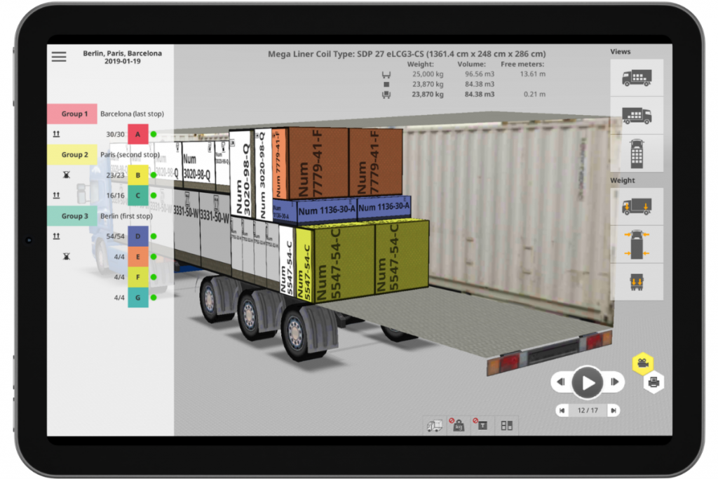 Tablet que muestra la aplicación EasyCargo para móvil con la vista del plan de carga paso a paso.