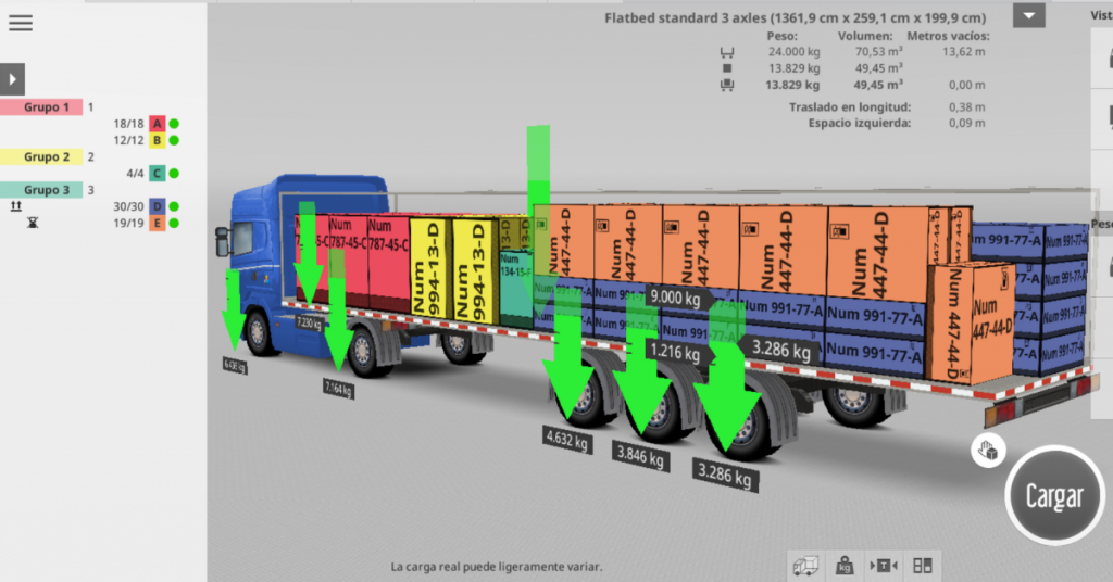 Interfaz de EasyCargo mostrando la simulación 3D de un camión de plataforma con la distribución de masa y límites de peso por eje resaltados en verde.