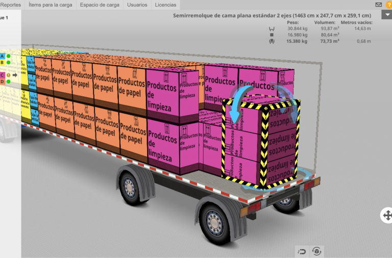 Interfaz de EasyCargo mostrando la rotación manual de una paleta de cajas dentro del plano de carga 3D del remolque