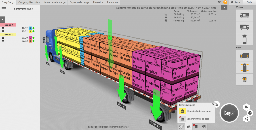 Vista 3D en EasyCargo de un semirremolque cargado con cajas de diferentes colores, mostrando indicadores verdes de control de peso por eje.